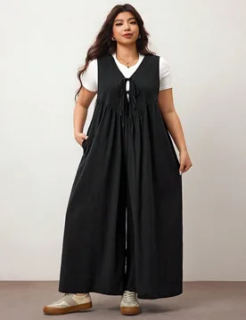 Mono de pierna ancha para mujer de talla grande con lazo delantero y bolsillos, suelto compatible con la forma redondeada del Body tipo manzana/2026/A - Shein - FashionsVida