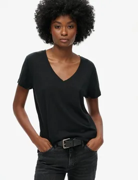 Superdry Damen Strukturiertes T-shirt mit V-ausschnitt und Stickerei Schwarz - Größe: 34 - 29.99 - FashionsVida