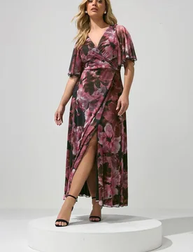 Women's Floral Abstract Mesh Dress in Burgundy Size: 16 - Burgundy - Size: 16 - Yours - FashionsVida