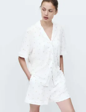 Cotton Modal Ditsy Revere Shortie Set White Mix female - M&S - FashionsVida