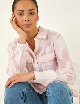 Women's Petite Floral Jacquard Button Up Blouse in Pink Size: 16 - Pink - Size: 16 - Roman - FashionsVida