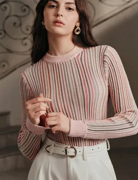 Top de manga larga con cuello redondo a rayas de colores para mujer, diseño casual y lindo para ir al trabajo, otoño/invierno S - Shein - FashionsVida