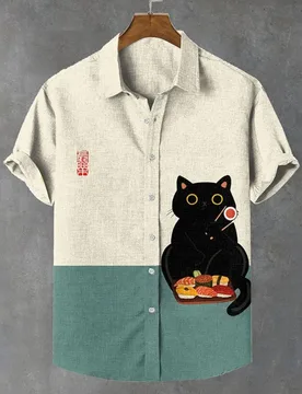Linen men's short sleeve shirt fashion new style cat button lapel shirt street outdoor men european size hot sale 2025 - Aliexpress - FashionsVida