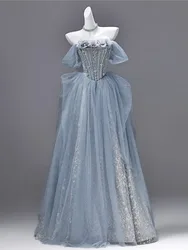 Luxurious heavy Industry grand one-shoulder strapless long blue sequined student art examination coming-of-age performance dress