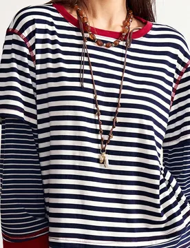 Camiseta holgada de mujer de manga larga, cuello redondo, a rayas y patchwork, estilo bohemio para fiestas de Navidad y Año Nuevo, invierno S - Shein - FashionsVida