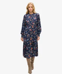 Superdry Damen Langärmeliges, Gestuftes Midikleid Dunkelblau - Größe: 38