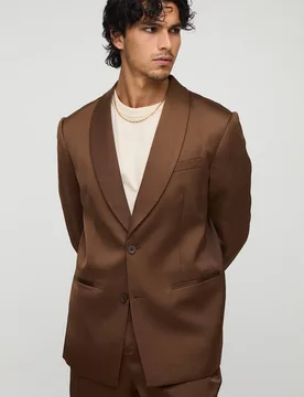 Herren Entspannt geschnittener Satin-Blazer mit Schalkragen Chocolate Größe 38 - boohooMAN - FashionsVida