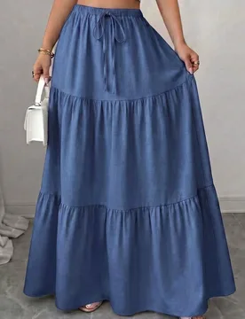 Falda larga azul marino con volantes en capas y cintura elástica con cordón, falda maxi fluida de línea A para mujeres, estilo bohemio casual para - Shein - FashionsVida