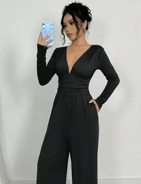 Mono negro de moda para mujer, con mangas largas, tela texturizada, acentos plisados, pantalones de pierna ancha, otoño S - Shein - FashionsVida