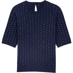 Jersey de punto de mujer con strass y cuello redondo