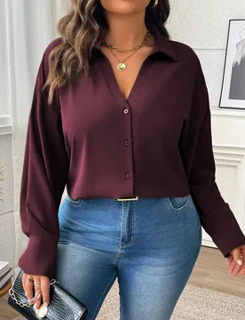 Blusa suelta de mujer de talla grande con cuello de camisa y hombros caídos, de unicolor, para primavera y otoño 4XL - Shein - FashionsVida