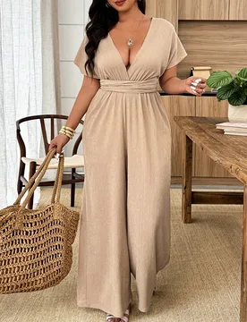 Mono informal con cuello en V, plisado, cintura ceñida y tela versátil para mujer talla grande, primavera/verano 3XL - Shein - FashionsVida