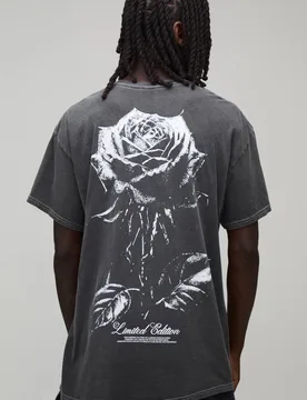 Herren Übergroßes Rosen-Print Gewaschenes Oberteil Washed Charcoal Größe Small - boohooMAN - FashionsVida