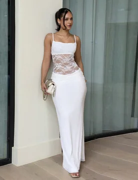 Vestido de verano sexy y de vacaciones para mujer con encaje, parches y espalda transparente, vestido ajustado con tirantes finos y plisado, vestido d - Shein - FashionsVida