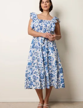 Women's White Frill Sleeveless Dress With Floral Print Size: Medium - White - Size: M - Blue Vanilla - FashionsVida
