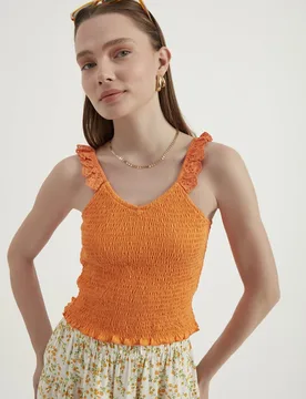 Womens V Neck Smocked Cropped Top - Orange - Size Small - Hiccup - FashionsVida