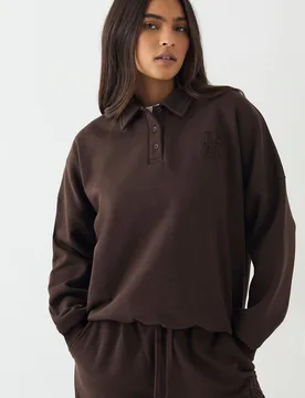Womens Self Fabric Applique Collared Sweatshirt - Dark Brown Cotton - Size X-Small - DSGN Studio - FashionsVida