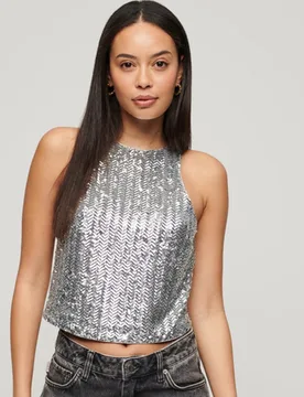 Superdry Damen Ärmelloses Racer-oberteil mit Pailletten Silber - Größe: 44 - 79.99 - FashionsVida
