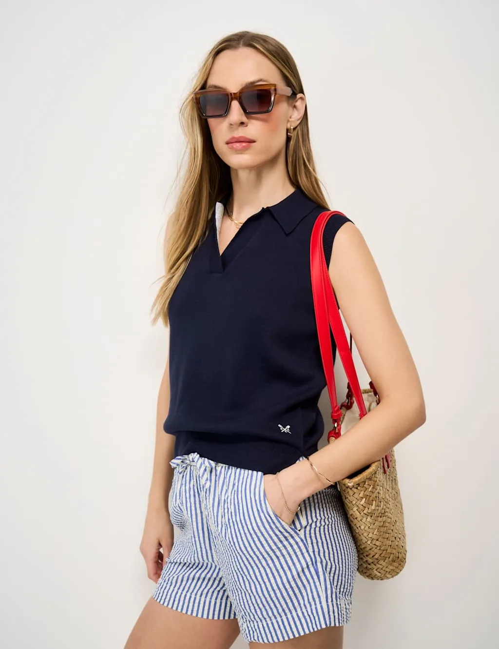 Pure Cotton Collared Knitted Vest Navy female - Crew Clothing - FashionsVida