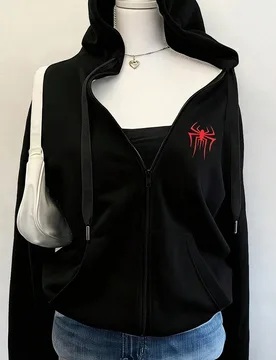 Sudadera holgada de manga larga con cremallera y cordón, engrosada, para mujer, color negro, con estampado de araña, top casual minimalista versáti - Shein - FashionsVida
