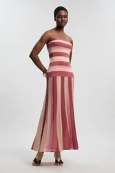 Women's Striped Bardot Knit Maxi Dress in Coral Size: Small - Coral - Size: S