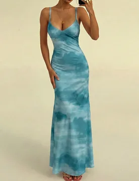 Vestido ajustado sexy de mujer con tirantes y lazo, estampado tie-dye verde, adecuado para vacaciones de verano, ropa de playa de verano, vestido flor - Shein - FashionsVida