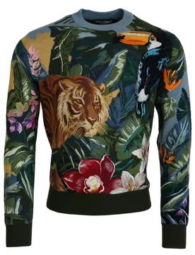 Mens Tiger Toucan Embroidered Sweater - Dark Grey Cotton - Size Eu 46 (Mens) - Dolce & Gabbana - FashionsVida