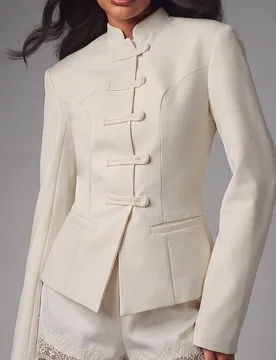 Chaqueta Blazer con Cuello Mandarín y Cierre de Botón de Rana, Ajuste Estructurado y Entallado, Manga Larga, Tejido, Otoño Invierno, Fiesta y Event - Shein - FashionsVida