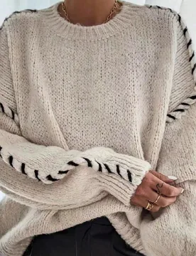 EAVA Suéter de punto grueso con cuello redondo, color contrastante y costura contrastante para mujer, otoño/invierno, tela suave y cálida, top de p - Shein - FashionsVida
