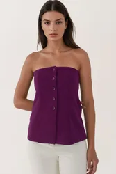 Womens Strapless Buttoned Fitted Top - Purple - Size Medium
