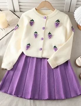 Piezas Conjunto de suéter tejido casual y elegante púrpura para niña preadolescente, chaqueta de punto con falda plisada, cómodo y cálido para us - Shein - FashionsVida