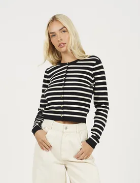 Stripe Crew Neck Womens Cardigan Gold Buttons - - Size: S - Brave soul - FashionsVida