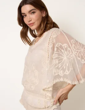 Floral Lace Butterfly Sleeve Blouse - S/M / STONE - female - Blue Vanilla - FashionsVida