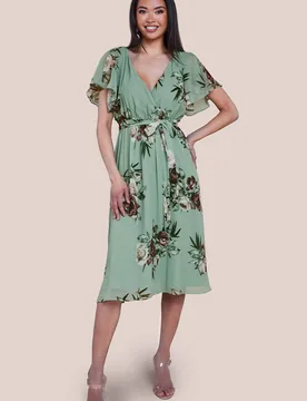 Women's Floral Printed Flutter Sleeve Chiffon Midi Dress in Pale Green Size: 10 - Pale Green - Size: 10 - Goddiva - FashionsVida