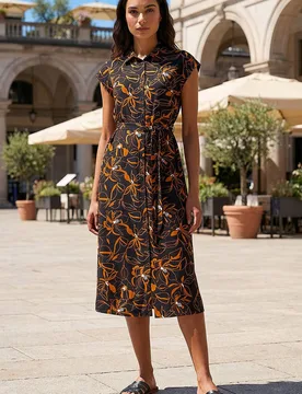 Women's Floral Belted Midi Shirt Dress in Orange Size: 18 - Orange - Size: 18 - Roman - FashionsVida