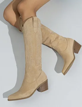 Botas occidentales para mujer con punta puntiaguda, tacón grueso, de ante, con bordado electrónico, de unicolor, cálidas para otoño e invierno, bo - Shein - FashionsVida