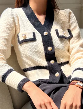 Cárdigan con botones y ribete de contraste, blusas de manga larga, ropa de mujer para otoño S - Shein - FashionsVida