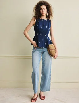 Blusa azul de mujer con estampado floral bordado, ajuste ceñido, estilo babydoll con cremallera, adecuada para vacaciones de verano, blusas oscuras, - Shein - FashionsVida