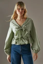 Womens Poplin Tie Front Balloon Sleeve Blouse - Khaki Cotton - Size 10 Uk