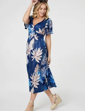 Women's Leaf Print Empire Waist Midi Dress in Blue Size: 8 - Blue - Size: 8 - Izabel London - FashionsVida