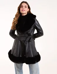 PU Faux Fur Trimmed Belted Coat - 10 / BLACK - female
