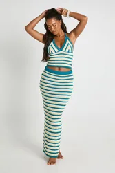 Womens Stripe Crochet Maxi Skirt - Blue Cotton - Size Large