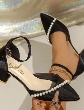 Par de zapatos de tacón alto para fiesta adolescente, elegantes zapatos de tacón grueso con punta puntiaguda y escote bajo estilo princesa, moda de - Shein - FashionsVida