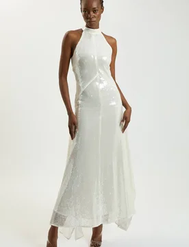 Women's Sequin Halter Neck Hanky Hem Maxi Dress in Ivory Size: 18 - Ivory - Size: 18 - Karen millen - FashionsVida
