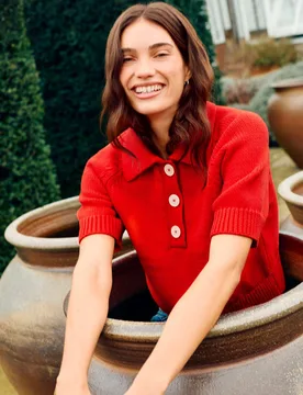 Cotton Rich Collared Knitted Top Red female - Jigsaw - FashionsVida