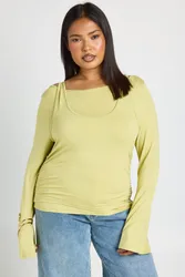 Womens Plus Soft Double Layer Long Sleeve Top - Green Viscose - Size 26 Uk