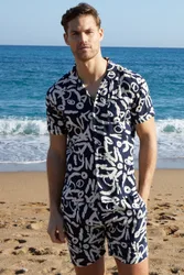 Mens Navy 'Langdale' Abstract Print Revere Collar Short Sleeve Shirt - Size Medium