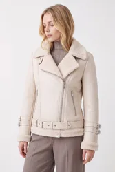 Women's Ines Faux-Shearling Biker Jacket in Beige Size: Large - Beige - Size: L