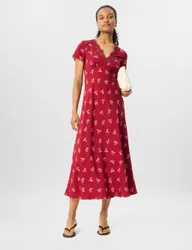 Floral V-Neck Midi Tea Dress Burgundy Mix female