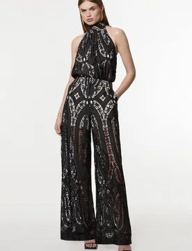 Women's Tall Sheer Georgette Cutwork Woven Wide Leg Trouser in Black Size: 10 - Black - Size: 10 - Karen millen - FashionsVida